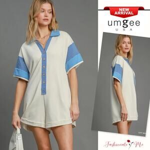 Umgee French Terry Collared Neck Contrast Trim Relaxed Fit Romper | Off White